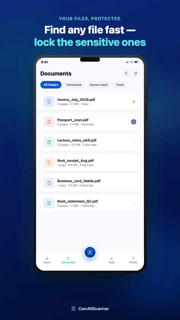 CamAllScanner documents list with favourites, secure vault and trash