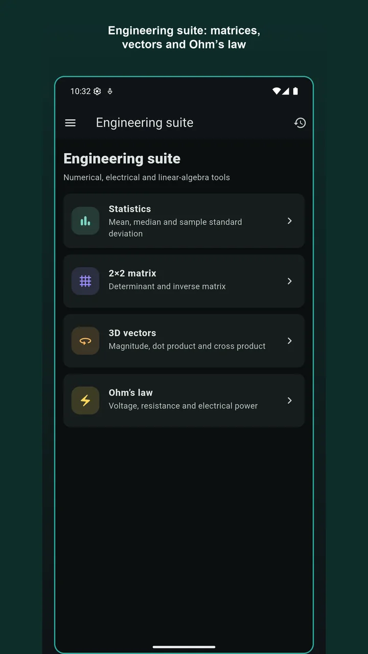 Engineering suite with statistics, matrix, vector and Ohm's law tools
