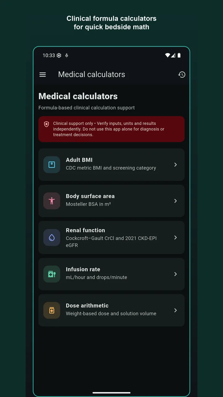 Medical calculators for BMI, body surface area, renal function and infusion rate
