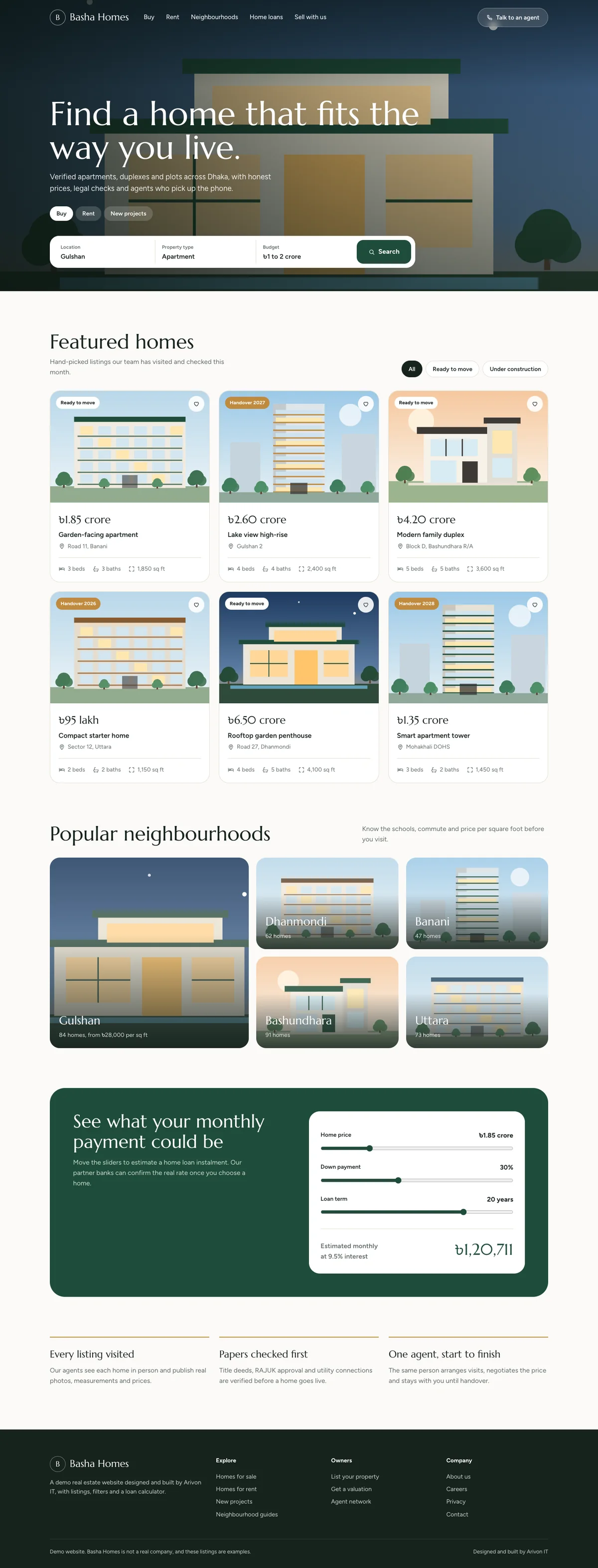 The full Basha Homes demo website on a desktop screen